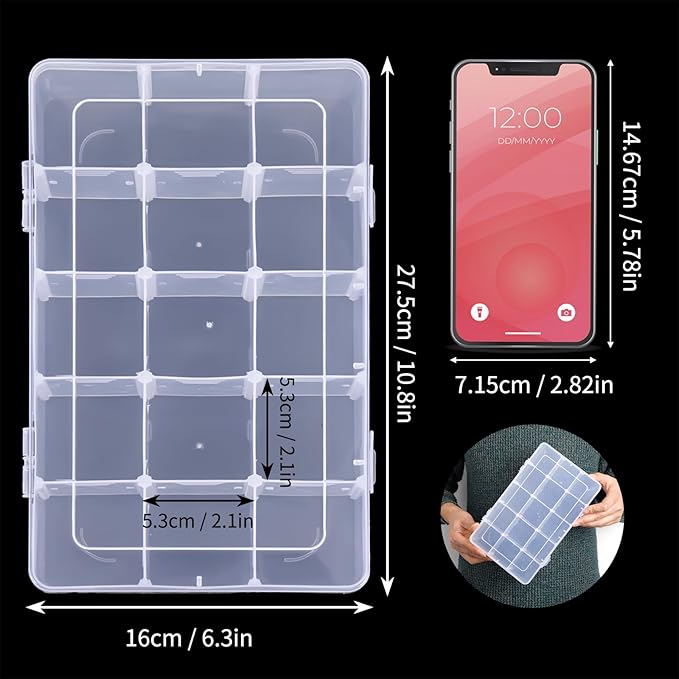 SGHUO 2 Pack 15 Girds Bead Organizer, Large Clear Plastic Organizer Box with Adjustable Dividers for Beads, Art DIY, Crafts, Jewelry, Fishing Tackle with Label Stickers