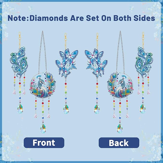 Arts and Crafts for Girls Ages 6-12, DIY Diamond Painting Kits for Kids Teens Adults, Birthday Gifts for 6 7 8 9 10 11 12 Year Old Girls, Peacock Butterfly Feather Wind Chimes for Home Garden Decor