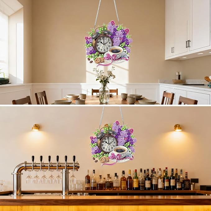 MXJSUA Flowers Coffee Diamond Painting Art Window Suncatchers, Diamond Art Kits for Adults Hanging Ornaments with Chain, 5D Special Shape Crystal Diamond Pendant Accessories for Decor Gift 8x8 Inch