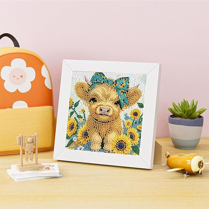 Gearock Diamond Art Kits with Wooden Frame, Easy DIY 5D Diamond Painting Kits, Flowers Cow Cute Big Gem Kits for Adults Beginners Animal Lovers Halloween Christmas Birthday Gifts