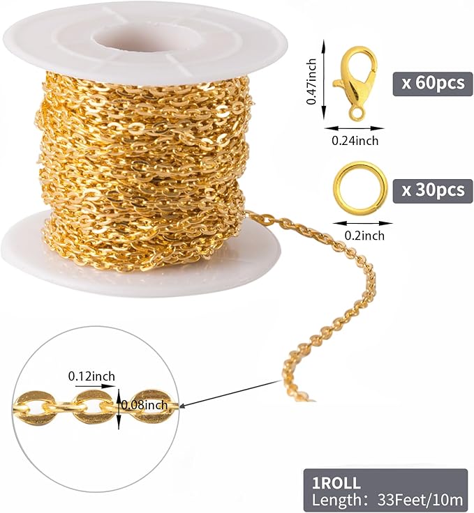 Lemonkey 33 Feet Metal Gold Necklace Chains Cable O-Shaped Links Chains Bulk for Jewelry Making DIY Craft Kit with Lobster Clasps Jump Rings