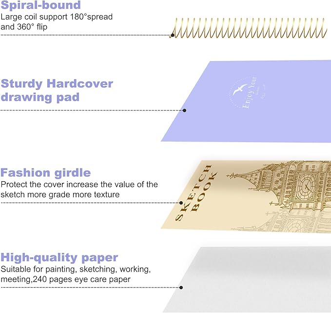 FLYING EAGLE Hardcover Sketchbook for Drawing 8.5 x 11 Spiral Sketch Book for Adults Women Kids with 100gsm 68lb 120 Sheets Premium Paper Sketch Pad for Drawing Books Notebook Art Supplies, Purple