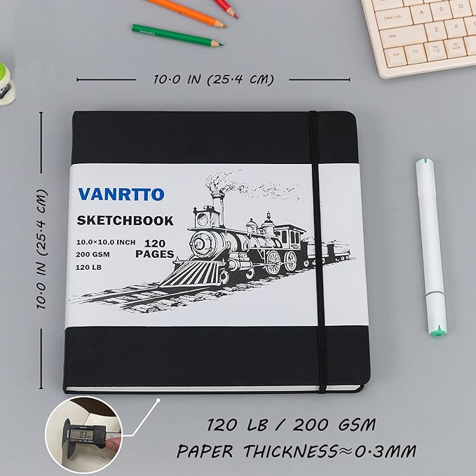 Hardcover Sketch Book, Square Sketchbook with 120LB/200GSM Thick Drawing Paper, 120 Pages/60 Sheets Sketch Pad for Adults, Large Mixed Media Sketchbook on 10x10 Inch