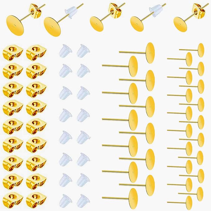 huucky 450pcs gold earring posts and backs,hypoallergenic earring studs for jewelry making,stainless steel flat pad with butterfly and rubber bullet earring backs (4mm, 6mm)