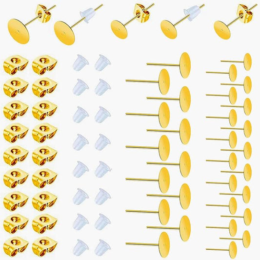 huucky 450pcs gold earring posts and backs,hypoallergenic earring studs for jewelry making,stainless steel flat pad with butterfly and rubber bullet earring backs (4mm, 6mm)