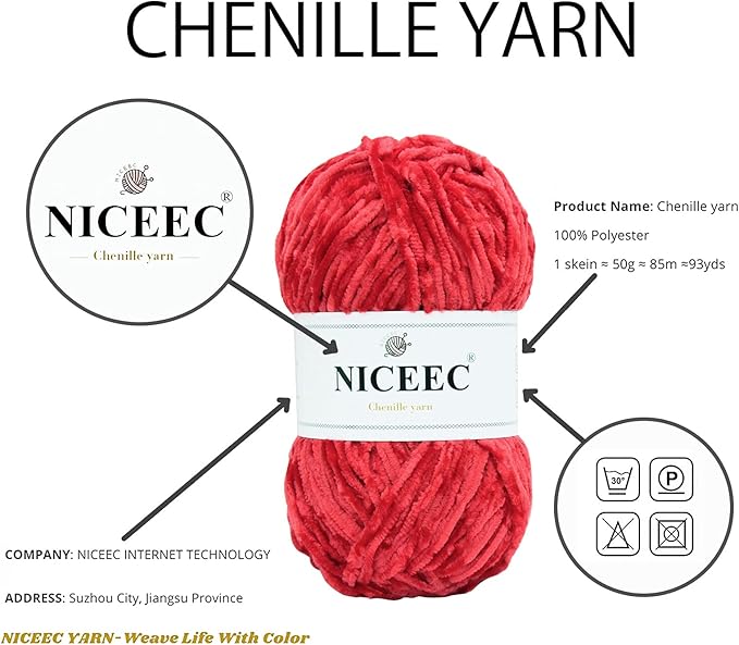 NICEEC 3 Skeins Soft Chenille Yarn Blanket Yarn for Knitting Fancy Yarn for Crochet Weaving DIY Craft Total Length 3×85m (3×93yds, 3×50g)_Red