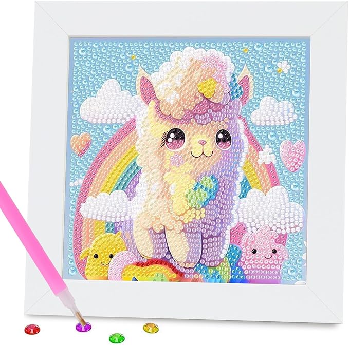 PERFECTSIGHT Cute 5D Diamond Art Kits with Wooden Frame, Kawaii DIY Painting Art for Adults Teen, Diamond Arts and Crafts Sets, Big Gem Full Drill Diamond Dots for Women Beginners (Alpaca)