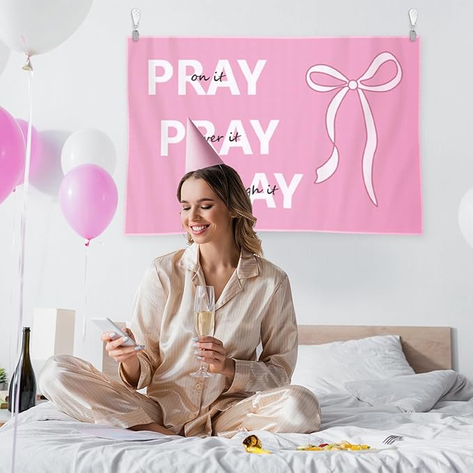 HunnmingRe Pink Tapestry Coquette Aesthetic Bedroom Hanging Wall Art Preppy Tapestry Decor Kit Cute Room Decoration for Women Girls Room Dorm Apartment(Pink Christian,60" X 40")