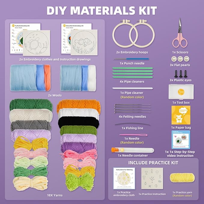 Punch Needle Kits Adults Beginner,Embroidery kit for Beginners,Punch Needle kit for Beginners, Includes All Tools and Materials,Easy to Follow Instructions and Videos(Clownfish + Sea Turtle)