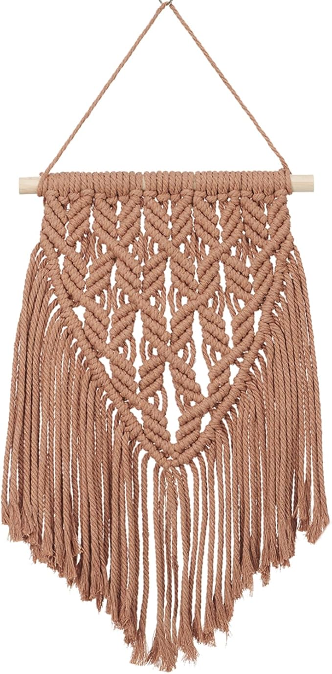 small macrame wall hanging decor boho tapestry for bedroom living room dorm nursery and office, cute aesthetic wall art for small spaces for teen girls and home decor (toffee brown, 16*10 inch)