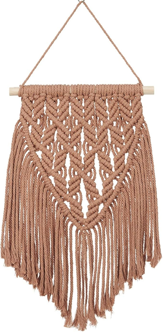 small macrame wall hanging decor boho tapestry for bedroom living room dorm nursery and office, cute aesthetic wall art for small spaces for teen girls and home decor (toffee brown, 16*10 inch)