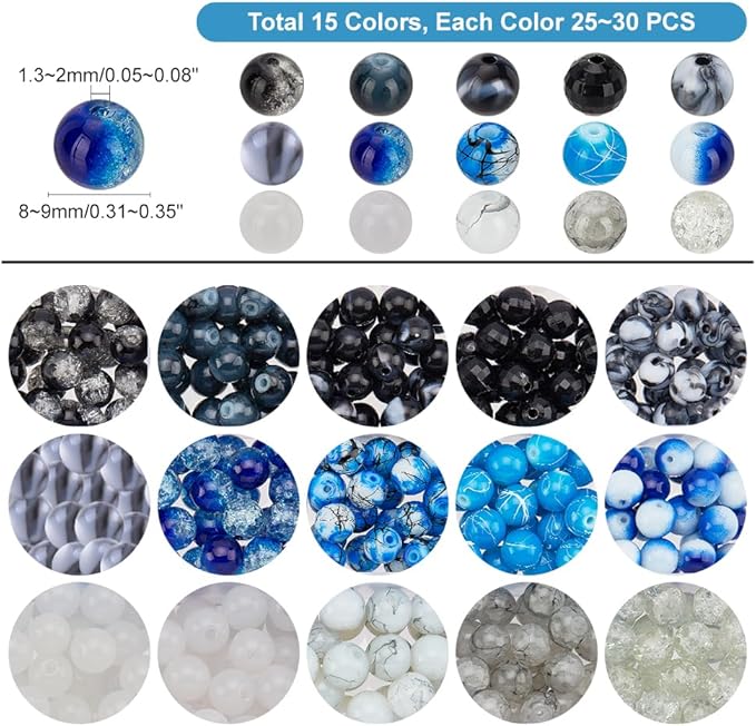 PH PandaHall 450pcs 8mm Black Blue Glass Beads, 15 Colors Ocean Sea Acrylic Bead Jewelry Loose Beads Round Bracelet Bead for Christmas Earring Necklace Bracelet Jewelry Making