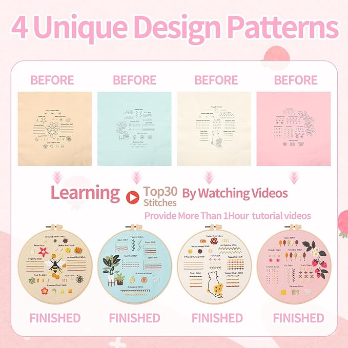 Jyphorixal Embroidery Kit for Beginners Adults Cross Stitch Starter Kit Needle Point Supplies 30 Basic Stitches in 4 Set, DIY Craft Lover Starter Hand Stitch