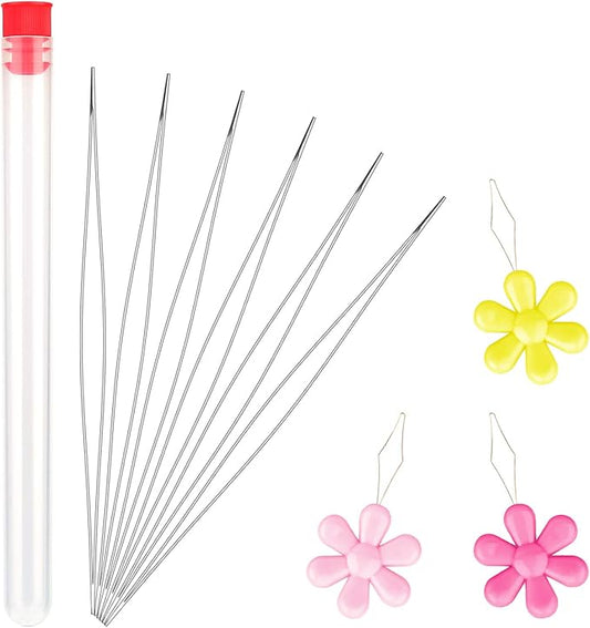 6 Pieces Beading Needles Big Eye Beading Needles Collapsible Eye Needles for Beading with Needle Bottle and 3 Pcs Bead Needle Threader for Jewelry Making (4.01inch)