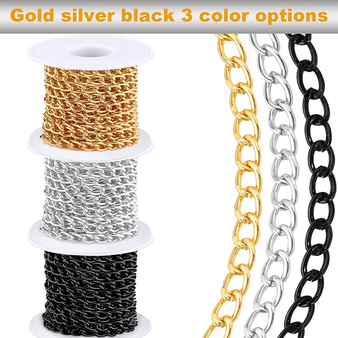 jishi 16ft aluminium curb chain roll, thick twisted chain links, silver plated metal craft chain curb link chain spool for jewelry making necklace bracelet diy crafts, jewelry making findings supplies