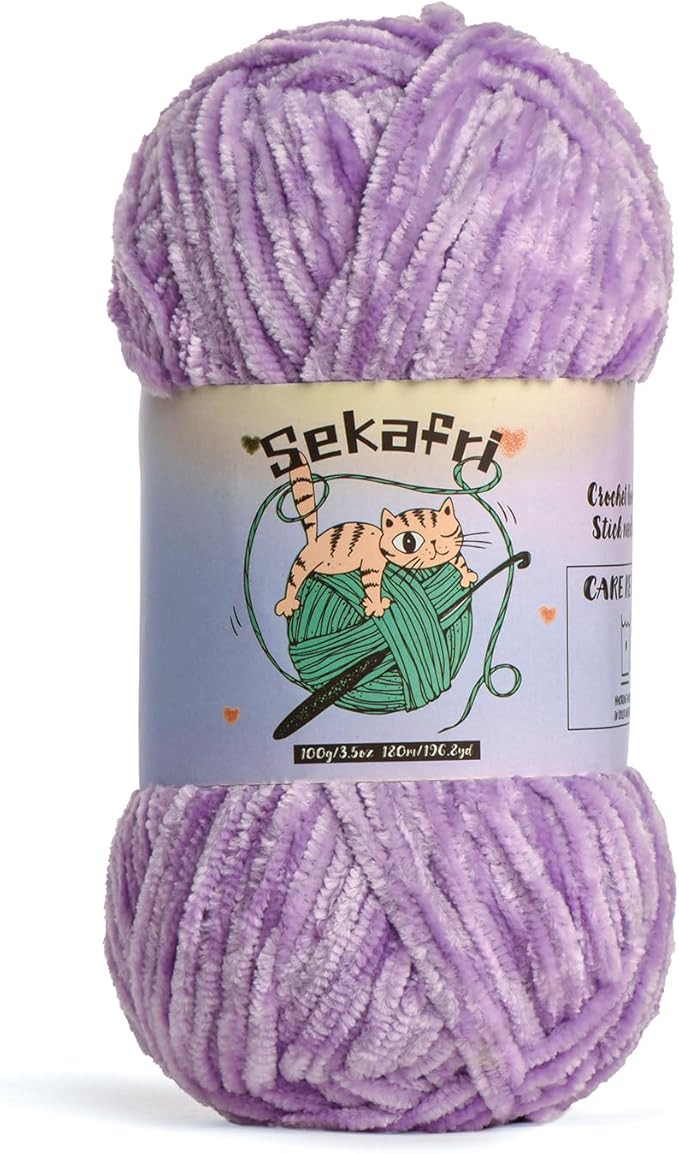 Fuzzy Chenille Yarn for Crocheting, Fluffy Amigurumi Crochet Yarn for DIY Craft/Hat/Shoes, (100g/197yds) Soft Velvet Baby Blanket Yarns（Light Purple）