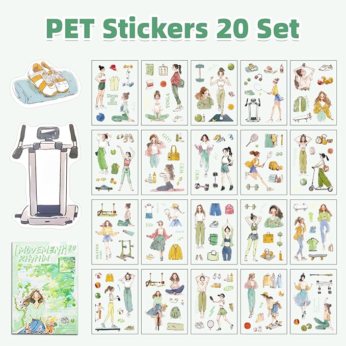 Movement Rhythm Sticker Scrapbooking Supplies for Junk Journal, 20 Sheets PET Stickers - Vintage Journaling Stickers, Ephemera Sticker Book Pre Cut(TZ-009-007)