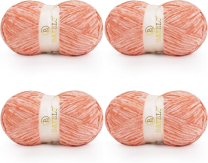 Velvet Chenille Yarn for Crocheting & Knitting 1440 Yards, Soft Thick Fluffy Bulky Blanket Yarn, 4 Pack of 10.5oz (Salmon Pink)