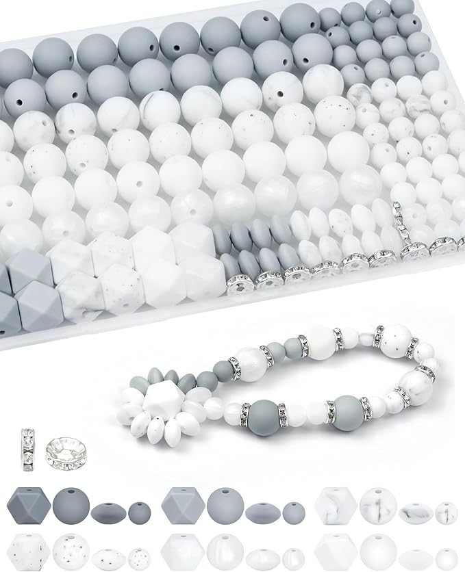 172PCS FIVEIZERO Silicone Beads for Keychain Making, 6 Mixed Colors Silicone Focal Beads Kit, 9mm & 15mm Round Lentil Hexagon Bead & Rhinestone Spacer Bead for Jewelry Making & Bracelets (White)