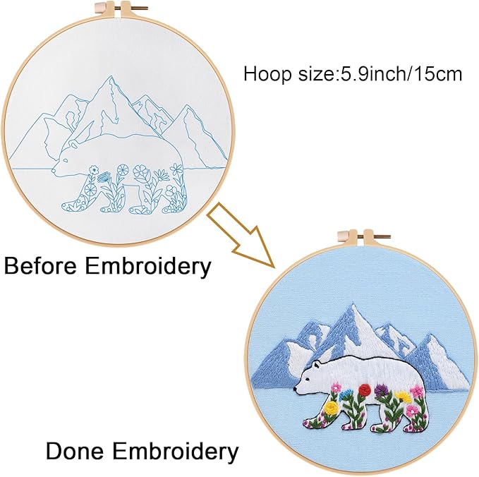 louise maelys embroidery kits for beginners,cross stitch kit for adults,diy needlepoint with glacial polar bear and flowers pattern