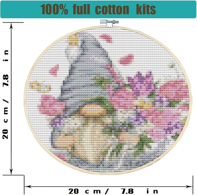 Stamped Cross Stitch Kits with Frame - Gnome Flower Embroidery Kits for Beginners Adults,11 CT Patterns Dimensions Counted Cross Stitch Kits Arts Craft Kits 7.8 x 7.8in