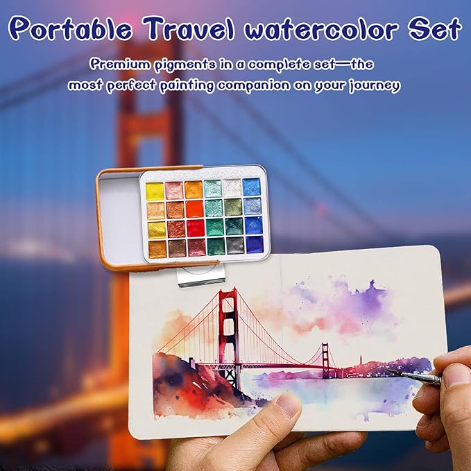 Mini Watercolor Paint Set - 24 Colors Glitter Travel Watercolor Set, Portable Metallic Water Color Paints Palette Box with Watercolor Book,Clips,Pens,Storage Bag for Painting Lovers and Artists