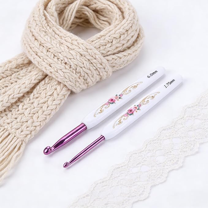 Crochet Hooks Needles,16 Pcs Cute Needles for Arthritic Hands,Extra Long Chinese Style Crochet Hook Set Flower Pattern Ergonomic Soft Grips Knitting Hook for Crochet Yarn Craft (Pink)