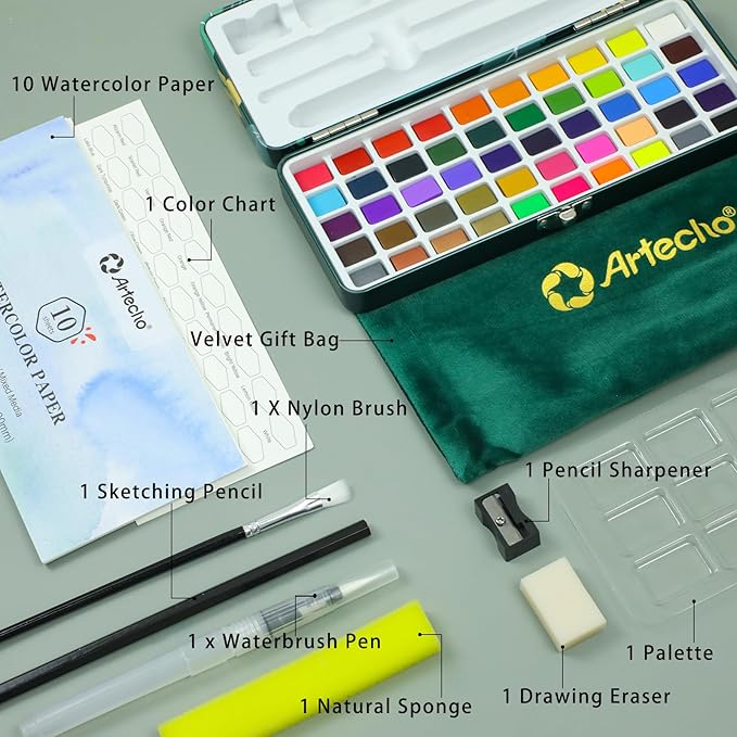 Artecho Watercolor Paint Set 50 Colors, Travel Watercolor Set with Watercolor Papers and Brushes, Ideal for Amateur Hobbyists, Painting Lovers and Artists
