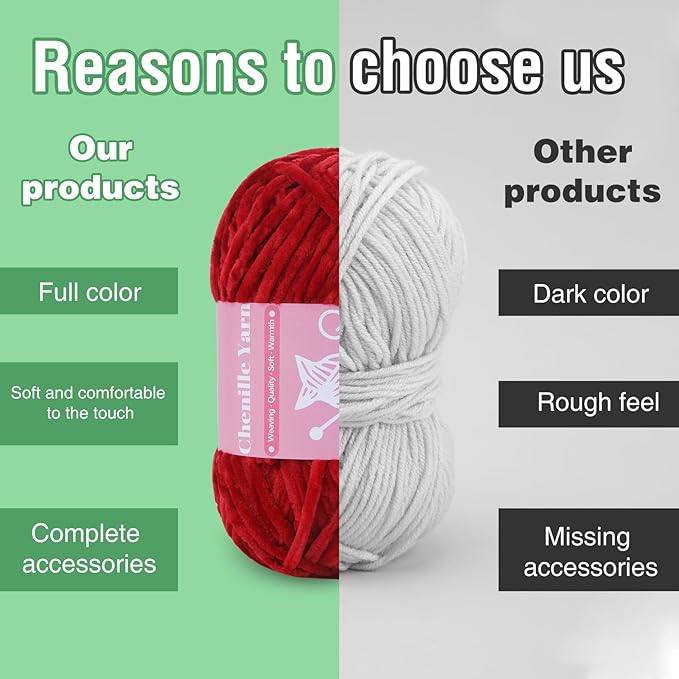 LUNARM Chenille Velvet Yarn, Yarn for Crocheting Knitting with Big Eye Needles, Handcrafts Weaving Soft Chenille Yarn for Making Blankets Clothes Pattern Knitting-3 * 3.35oz,3 * 162yds(Bright Red)