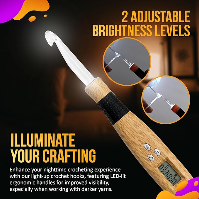 Crochet Counting Hook & Handle Set - 18 Hooks 2mm-14mm - Comfortable Ergonomic Soft Grip - w/Digital LED Row Stitch Finger Counter Marker Easy to Read Numbers - Crocheting Knitting Kit - Easy to Use