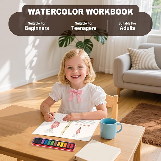 Metyond Beginner Watercolor Workbook Kit - Watercolor Painting Kit with 1 Workbook 12 Colors Paint Set with Brush, Beginner Friendly Watercolor Paint Set Gift for Adults Teens (Baking)