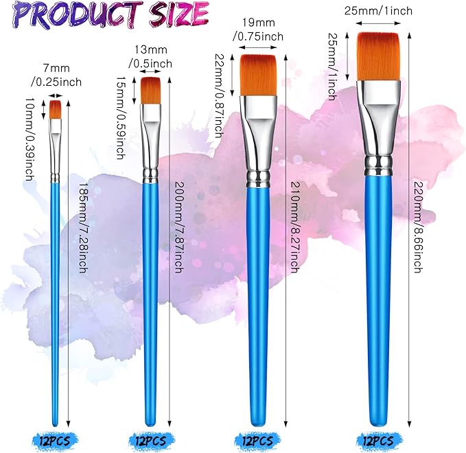 Sherr 48 Pcs Paint Brush Set Bulk Acrylic Brush Wood Paint for Detail Art Crafts Kids Artist Adult Watercolor Oil Face Body(1, 0.75, 0.5, 0.25 Inch,Flat Style)