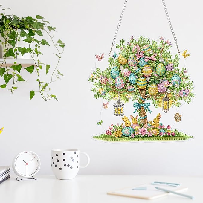 MAXBYE Easter DIY Diamond Art Kits for Adults Hanging Pendant Easter Egg Tree with Rabits, Painting Diamond Gem Art Hanging Kits for Beginners Gift Window Wall Door Decoration 8×12Inch