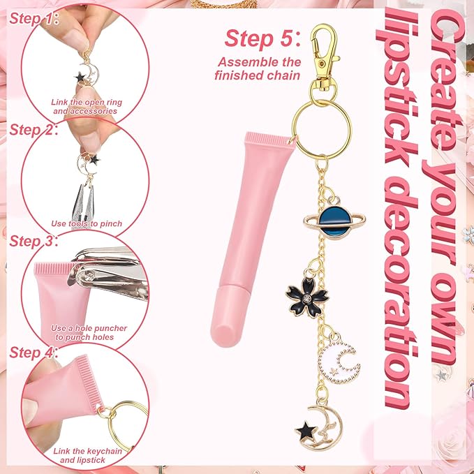 VioraWhite 213 Pcs Lip Gloss Keychain Making Kit 100 Pink Enamel Charms 32.81 ft Gold Chains for DIY Crafts Women(Stylish)