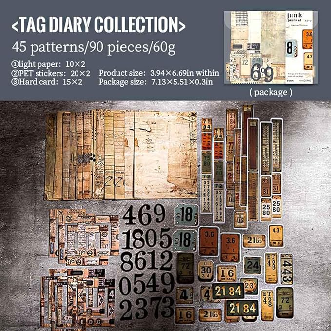 Vilikya 90Pcs Tag Label Scrapbook Stickers for Junk Journal Ephemera, PET Number Sticker for Journaling Kit, Vintage Scrapbooking Paper for Decoupage, Collage Cards Frame Stickers for Bullet Journal