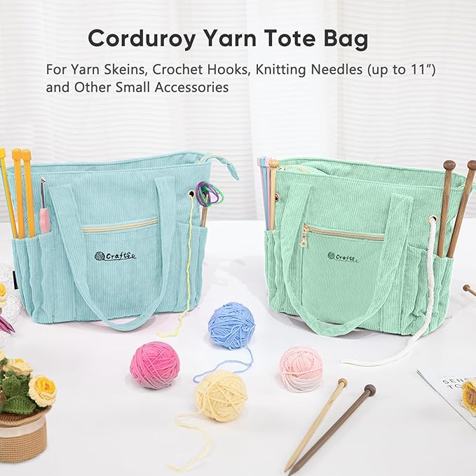 Corduroy Crochet Bag 11.5" Large Yarn Storage Tote with Grommets, Needle Holders – Knitting Bag Organizer for Crochet Hooks, Accessories, Tools & Projects –Gift for Knitters & Crafters