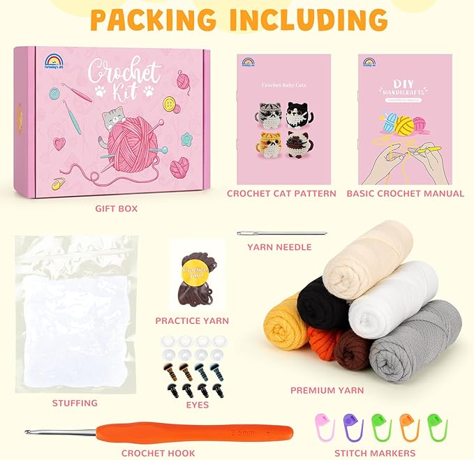 Crochet Kit for Beginners, 4-Pack Adorable Cat Crochet Kits, Beginner Crochet Kit for Adults Kid, Crochet Animal Kit for Starter w/ Step-by-Step Video Tutorials, Crochet Gifts for Cat Lovers