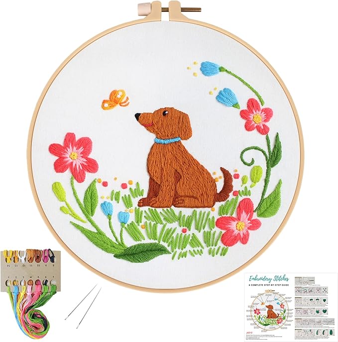 Louise Maelys Dog Embroidery Kits for Beginners with Floral Pattern,Cross Stitch Kit for Adults DIY Needlepoint with Embroidery Instructions