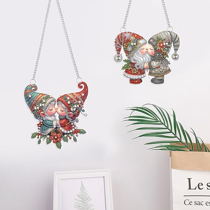 2 Pcs Diamond Art Suncatchers Hanging Kits, Gnome 5D DIY Diamond Painting Ornaments, Kissing Gnome Couple Window & Wall Hanging Decor, Special Shape Diamonds Art Kits for Adults
