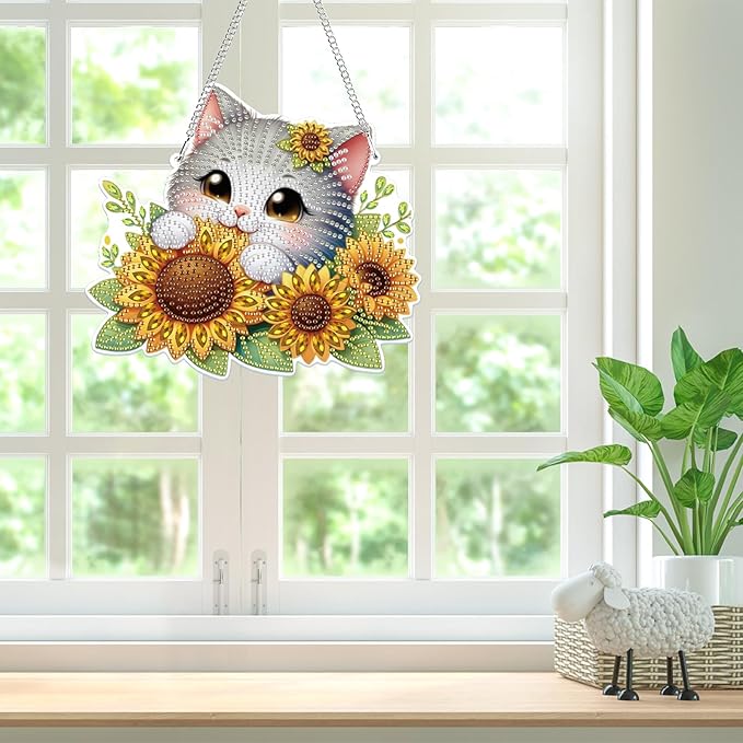Bowetile Hanging Diamond Art Cat Kits for Adults, 5D Special Shape Diamond Painting Sunflower Kits, Animal Diamond Gem Art Suncatchers Painting Pendant Ornament for Home Garden Wall Decor