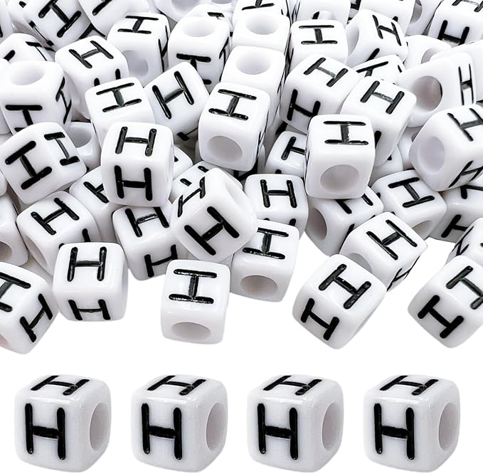 MIIIM 100pcs Pony Beads Letter H for Keychains Making, 6x6mm Large Hole Square Letter Beads for Bracelets Making, Alphabets, Numbers (White and Black)