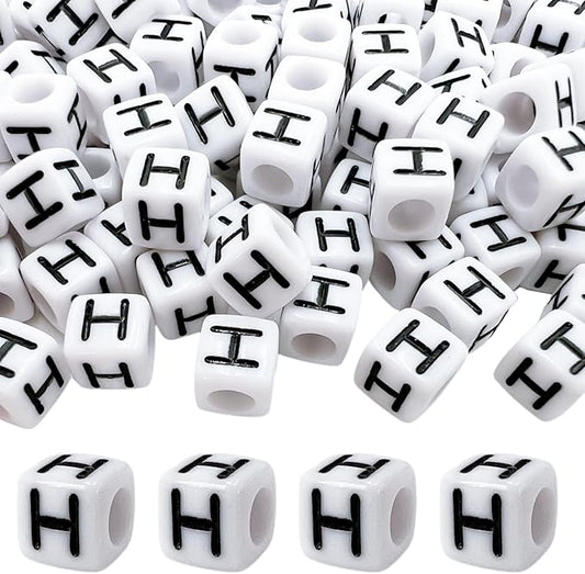MIIIM 100pcs Pony Beads Letter H for Keychains Making, 6x6mm Large Hole Square Letter Beads for Bracelets Making, Alphabets, Numbers (White and Black)