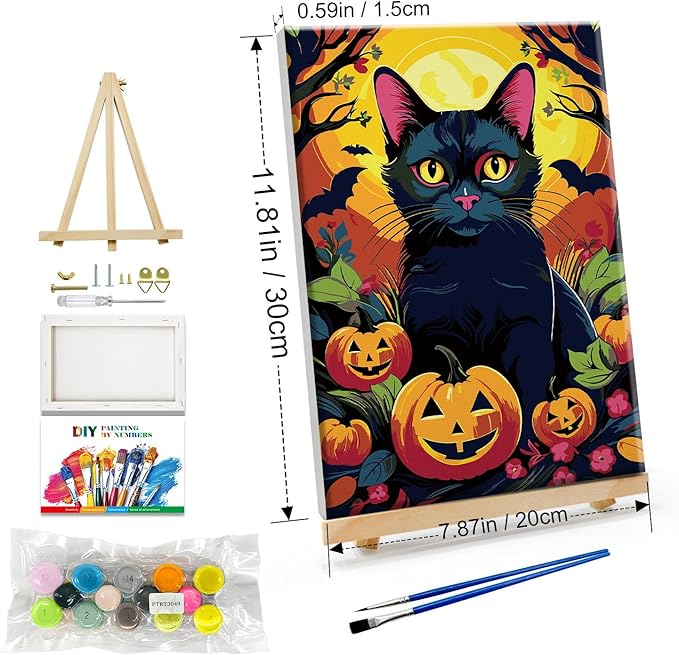 JOOZ Paint by Numbers Kit for Adults with Frame Halloween Paint by Number with Easel Black Cat Adult Paint by Number Kits Framed Canvas DIY Oil Painting Kits for Ideal Gift Home Wall Decor 8x12 Inch