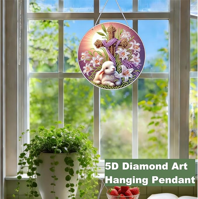 Zyvoreva DIY Rabbit Diamond Art Painting Kits for Adults, Easter Special Shape Double Sided Acrylic Rhinestone Painting, Window Wall Hanging Ornament Pendants for Home Garden Decor