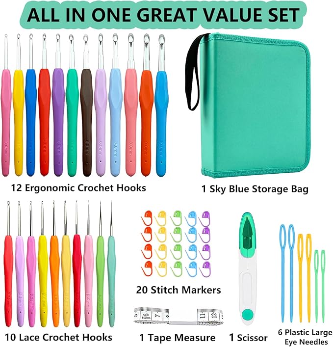 Hobekoee 22 Sizes Crochet Hooks Set with Sky Blue Case,0.5mm-10mm Ergonomic Soft Handle Crochet Hook Needles Set for Arthritic Hands,Complete Crochet Set