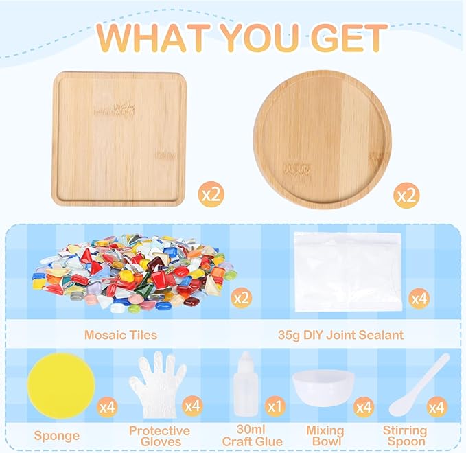 SAYAYA 4 Sets DIY Glass Mosaic Tiles for Crafts Mosaic Crafts Kit with Bamboo Coaster for Glass Coasters Crafts Set for Handmade Home Christmas Halloween Birthday Decoration Gift (Round & Square Set)