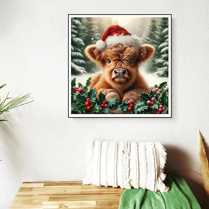 Semneroy Christmas Diamond Art Kits for Adult,Highland Cow Xmas Diamond Painting for Beginnger,DIY Full Drill Winter Holiday Rhinestone Diamond Dots Gem Painting Art Craft Home Decor 12 x12 Inch