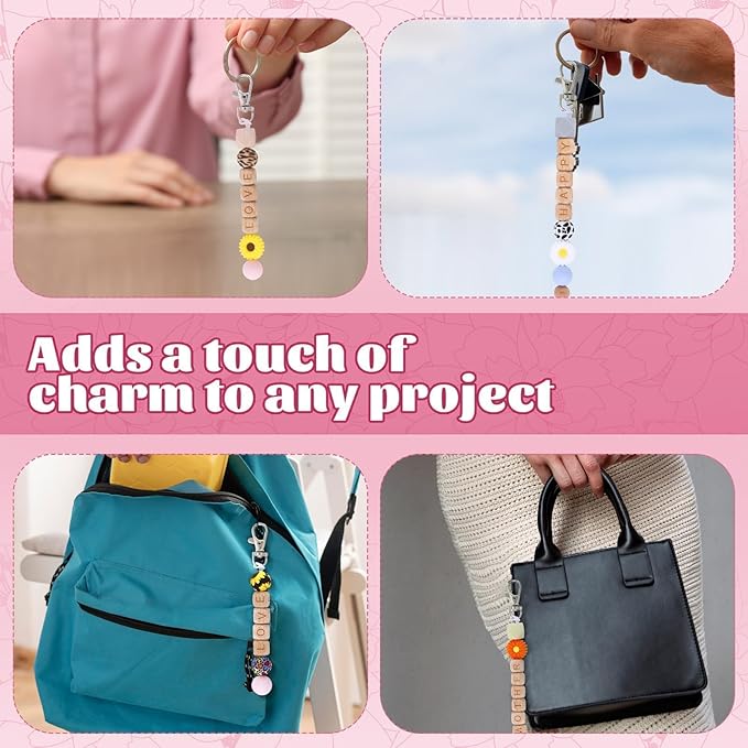 TOHONGADON 213 Pcs Silicone Beads for Keychain Making, 12mm Wood Letter Keychain 15mm Round 14mm Polygonal Silicone, Focal Silicones Beads for DIY Key Ring Women