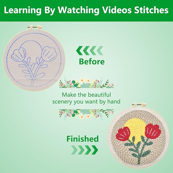 Enkor Punch Needle Kit Adults Beginner,Needle Punch Embroidery Kits Beginners Kids Include Instructions Video, Fabric,Hoop,Yarns,Threader-Flowers Love F1