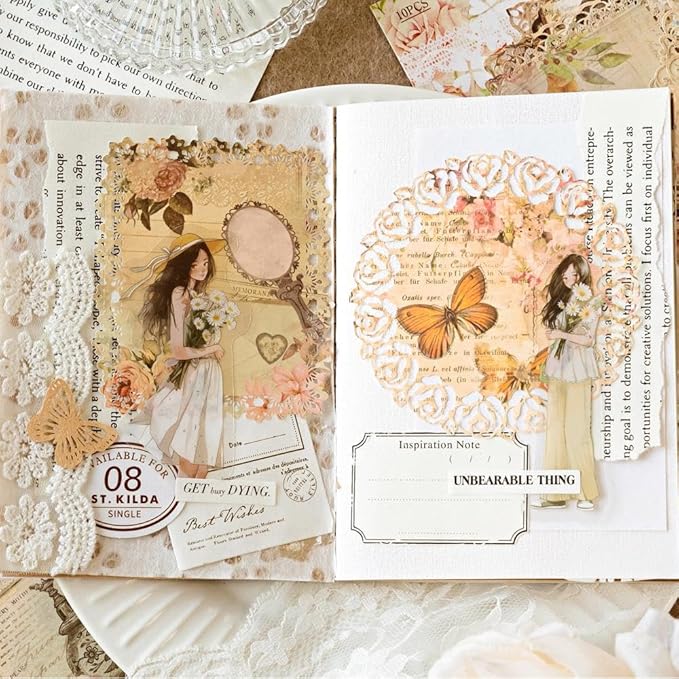 Antique Cutouts Lace Edge Scrapbook Paper, 60Pcs Decorative Floral Backround Paper for Scrapbooking, Journaling, Collage, Card Making, Junk Journal Supplies, Album Art Crafts